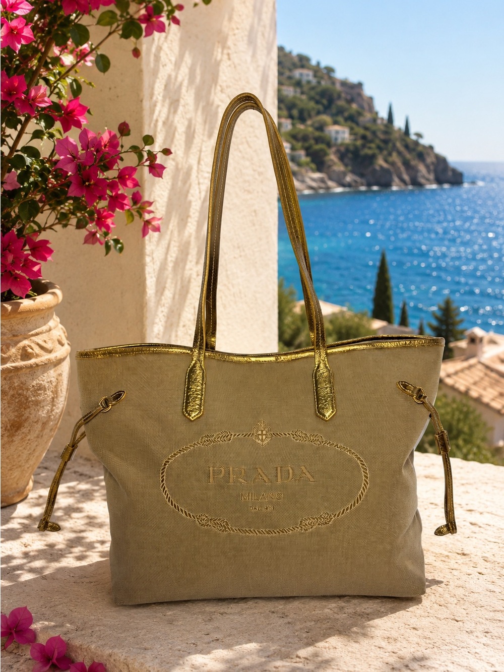 Prada Milano Canvas & Metallic Gold Tote
